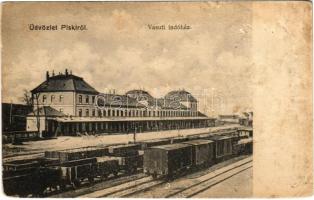 Piski, Simeria; Vasúti indóház, vasútállomás. Gyulai József kiadása / Bahnhof / railway station (lyuk / pinhole)
