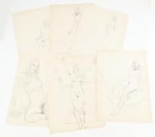 Jelzés nélkül: Női aktok, 6 db rajz. Ceruza, papír, részben lapszéli apró sérüléssel, 42×30 cm.