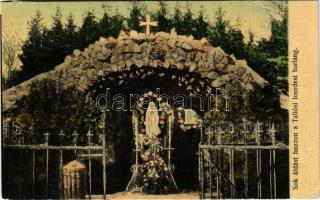 1916 Tallós, Tomásikovo; Sok áldást hozzon a Tallósi lourdes-i barlang. Divald Károly Fia kiadása / Lourdes grotto (EK)