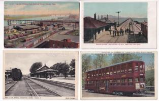4 db RÉGI vonat motívum képeslap: amerikai és kanadai vasútállomások, vasúti kocsi / 4 pre-1945 motive postcards: railway stations, trains (USA, Canada)