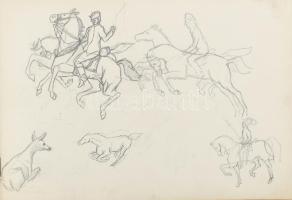 Tóth Gyula (1891-1970): Vázlatfüzet 13 db rajzzal (ló, lovas, női portré, stb.), 1910-es évek. Ceruz...