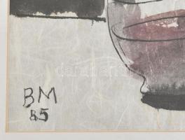 Borsos Miklós (1906-1990): Esti borozás, 1985. Lavírozott tus, akvarell, papír, jelzett, üvegezett f...