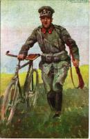 1915 Olasz katona kerékpárral / WWI Italian military art postcard, soldier with bicycle (gyűrődés / crease)