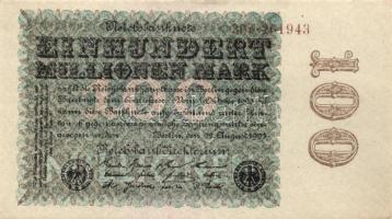 Német Birodalom / Weimari Köztársaság 1923. 100.000.000M cégnyomat "Kreutzblüten" vízjellel, fázercsíkkal T:I