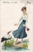 New Year lady with stork litho