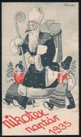 1935 Nikotex naptár 1935, kihajtható kártyanaptár, rajta Repcze János (1905-1985) illusztrációival, Balogh Rudolf (1879-1944) fekete-fehér fotóival. Bp., Athenaeum-ny., 11,5x6,5, kihajtva: 11,5x53 cm. Szép állapotban, gyűjtői darab.