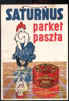 cca 1940 Horváth Rezső: Saturnus parket paszta, Bp., Grund V. Utóda-ny., plakát méretű reklámtábla, kis foltokkal, a sarkán kis törésnyommal, 33x24 cm