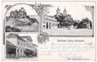 1907 Máriaradna, Mária-Radna, Radna (Lippa, Lipova); Solymosi vár, tér, templom, Fekete Sas szálloda / Soimos castle, square, church, hotel. Gregor Fischer Art Nouveau, floral (EK)