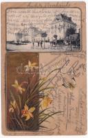 1903 Temesvár, Timisoara; Pályaudvar, vasútállomás. Káldor Zs. és Társa kiadása. Szecessziós virágos litho keret / railway station. Art Nouveau, floral, litho frame (gyűrődés / crease)