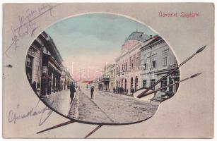 1908 Lugos, Lugoj; utca, népbank, Strasser kávéház, üzletek. Auspitz Adolf kiadása. Montázs festőpalettával és ecsetekkel / street view, bank, café, shops. Montage with painter&#039;s palette and brushes (EK)