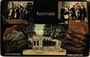 1912 Buziásfürdő, Baile Buzias; Mikor érkeztem és mikor elutaztam. Humoros montázs szállodai vendégekkel, gyógyterem. Francz József kiadása / Humorous montage with hotel guests, spa (kopott sarkak / worn corners)