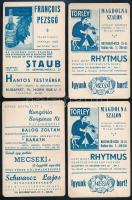 cca 1920 Moulin Rouge reklám kártyák 4 db, a hátoldalakon reklámokkal, (Magdolna Szalon, Törley, Kass János Rhytmus, Francois Pezsgő, Staub elegáns Pest szabója, Hungária Borpince, Schwarcz Lajos divatkereskedő....stb,) egy kártya duplum, 12x8 cm