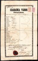 1849 Szabadka város útlevele bajai ügyvéd részére, 1849. aug. 26., főjegyző aláírásával, a viaszpecsét sérült, lyukas, 2 db későbbi okmánybélyeggel (1934 10f, 30f), a hátoldalán bejegyzéssel, katonai bélyegzéssel, hajtott.