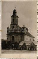 1940 Szamosújvár, Gherla; templom, Osztján János üzlete / church, shop. photo + &quot;1940 Szamosújvár visszatért&quot; So. Stpl. (gyűrődés / crease)