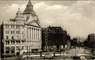 Budapest V. Tanács körút (mai Károly körút), Anker palota, Deák Ferenc tér, villamos, gyógyszertár, autóbuszok. Képzőművészeti Alap Kiadóvállalat