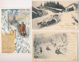 3 db RÉGI hosszú címzéses téli sport motívum képeslap: szánkózás / 3 pre-1905 winter sport postcards, sledding, sleigh