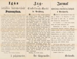 1884 Igás és istállós barom vásár Pozsony, Három nyelvű hirdetmény 60x47 cm Hajtva / 1884 Pressburg horse fair