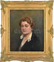 Pállya Celesztin (1864-1948): Női portré. Olaj, vászon, jelezve balra lent. Hátoldalán BÁV 109 aukció raglapjával. Dekoratív fakeretben, 69×56 cm