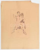 Merényi Rudolf (1893-1957): Évődés. Színezett rézkarc, papír, jelzett, szélein sérült és foltos, 22,5x16 cm
