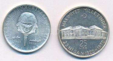 Törökország 1973. 50L Ag "50 éves a Köztársaság" + 1970. 25L Ag "Az Ankarai Nemzetgyűlés 50. évfordulója" T:1-,2 Turkey 1973. 50 Lira Ag "50th Anniversary of Republic" + 1970. 25 Lira Ag "50th Anniversary of National Assembly in Ankara" C:AU Krause KM#897,KM#902