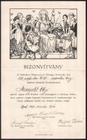 1938 Bp., a Katholikus Háziasszonyok Országos Szövetsége által rendezett háztartási főzőtanfolyam elvégzésérő kiállított bizonyítvány, Szegedy-Maszák Aladárné elnök autográf aláírásával, Márton Lajos grafikájával illusztrálva, középen hajtott, 31,5x19,5 cm