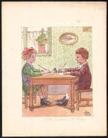 Ócsvár Rezső (1877-1968): Kisfiú és kislány írás közben (illusztráció), 1925. Akvarell, tus, papír, jelzett, 20×16 cm. / watercolour on paper, signed