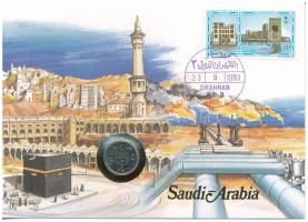 Szaud-Arábia 1979. 5h felbélyegzett érmés borítékban, bélyegzéssel T:1 Saudi Arabia 1979. 5 Halala in coin envelope with stamp and cancellation C:UNC