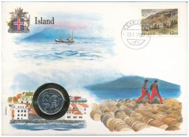 Izland 1984. 5Kr, felbélyegzett érmés borítékban, bélyegzéssel, német nyelvű leírással T:1  Iceland 1984. 5 Kronur in coin envelope with stamp and cancellation, with German description C:UNC