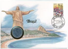 Brazília 1988. 10C acél felbélyegzett érmés borítékban, bélyegzéssel T:2 Brasil 1988. 10 Cruzados steel in coin envelope with stamp, and cancellation C:XF