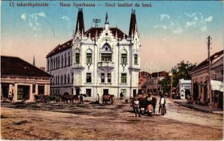 Karánsebes, Caransebes; Új takarékpénztár, Özv. Halle Mórné dohány nagy tőzsde üzlete / noul institut de bani / new savings bank, shop (EK)