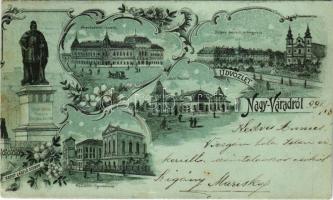 1899 (Vorläufer) Nagyvárad, Oradea; Szent László király szobor, Premontrei főgimnázium, Kereskedelmi csarnok, Sport pavilon, Püspöki palota és székesegyház / statue, grammar school, trade hall, sport pavilion, bishop&#039;s palace and cathedral. Art Nouveau, floral, litho (EK)