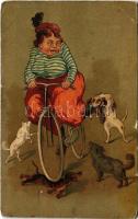 1920 Kerékpározó hölgy kutyatámadás közben. Dombornyomott / Dogs attacking a woman on bicycle, humour. HWB Ser. 4321. embossed , litho (Rb)