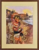 Scholtz Endre (1959-): Hölgy a tengerparton. Pasztell, papír, jelzett, üvegezett fakeretben. 67,5x47,5 cm