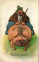 1929 Boldog új évet! malacon lovagló úr / New Year greeting, man riding on a pig. L&P 2001. (r)