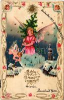 1903 Boldog karácsonyi ünnepeket! Dombornyomott szecessziós litho üdvözlet angyallal / Christmas greeting, Art Nouveau, embossed litho greeting (Rb)