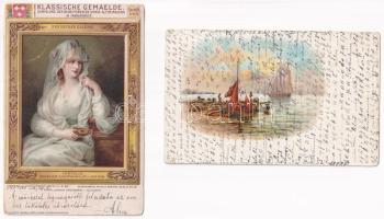 12 db RÉGI hosszú címzéses motívum képeslap vegyes minőségben: hölgyek, üdvözlő, művész, hajó, litho...