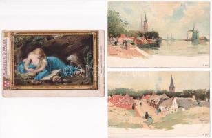 7 db RÉGI hosszú címzéses motívum képeslap vegyes minőségben: művész, Cassiers, Pierette / 7 pre-1910 motive postcards in mixed quality: art, lithos