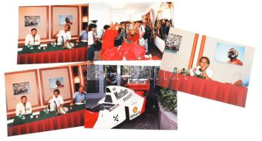 Gerhard Berger McLaren F1-pilóta sajtótájékoztatója, 5 db színes fotó, Kanyó Béla (1939-2020) fotóriporter jelzés nélküli felvételei, 17,5x12,5 cm