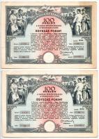 Budapest 1952. Harmadik Békekölcsön (2x) nyereménykölcsön 100Ft-ról, szárazpecséttel, egyugrásos sorszámkövetők 24 05568 - 24 05570 T:III egyiken szakadás, saroknál kis anyaghiány Hungary / Budapest 1952. Harmadik Békekölcsön (2x) lottery bond about 100 Forints, with embossed stamp, consecutive serials with leap 24 05568 - 24 05570 C:F one with tear and small missing material at corner