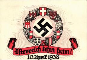 Österreich kehrt Heim! 10. April 1938 / Austria returns home! Austrian Anschluss. NSDAP German Nazi Party propaganda, swastika + Tag des Großdeutschen-Reichs Wien 9. April 1938 So. Stpl.