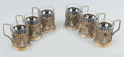 6 db fém pohártartó, üveg poharakkal, kopásnyomokkal, m: 10 cm