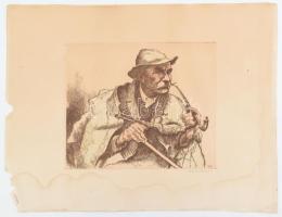 Zádor István (1882-1963): Pipázó férfi portréja, színezett rézkarc, papír, jelzett, papír foltos, szakadt, 24×29 cm