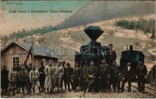 1917 Gura-Fontena, Gura fo utina, Borsafüred (Máramaros, Maramures); Hadivonat a Havasokon (Gura-Fontena). Első világháborús osztrák-magyar vasútállomás a Borsa-­Priszlop-Jakobeny keskeny nyomtávolságú gőzüzemű tábori vasútvonalon az erdélyi hegyekben. K.u.K. Prislopbahn gőzmozdony és katonák, vonat. Vider Hers kiadása / WWI Austro-Hungarian military railway station of the Borsa-Prislop-Iacobeni narrow gauge steam powered field railroad in the Transylvanian mountains, soldiers and locomotive (r)