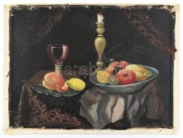 Olvashatatlan jelzéssel: Asztali csendélet, olaj, vászon, kopásnyomokkal, 31×40 cm