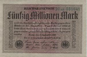 Német Birodalom / Weimari Köztársaság 1923. 50.000.000M (15x) szürke papíron, hatjegyű sorszámmal, zöld cégjelzéssel T:I(többség),I-