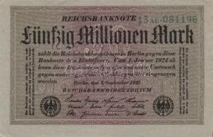 Német Birodalom / Weimari Köztársaság 1923. 50.000.000M (15x) szürke papíron, hatjegyű sorszámmal, z...