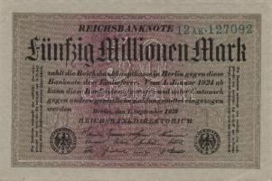 Német Birodalom / Weimari Köztársaság 1923. 50.000.000M (15x) szürke papíron, hatjegyű sorszámmal, z...