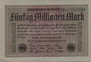 Német Birodalom / Weimari Köztársaság 1923. 50.000.000M (15x) szürke papíron, hatjegyű sorszámmal, z...