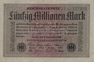 Német Birodalom / Weimari Köztársaság 1923. 50.000.000M (15x) szürke papíron, hatjegyű sorszámmal, z...