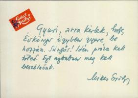 Mikes György író saját kezű sorai és aláírása